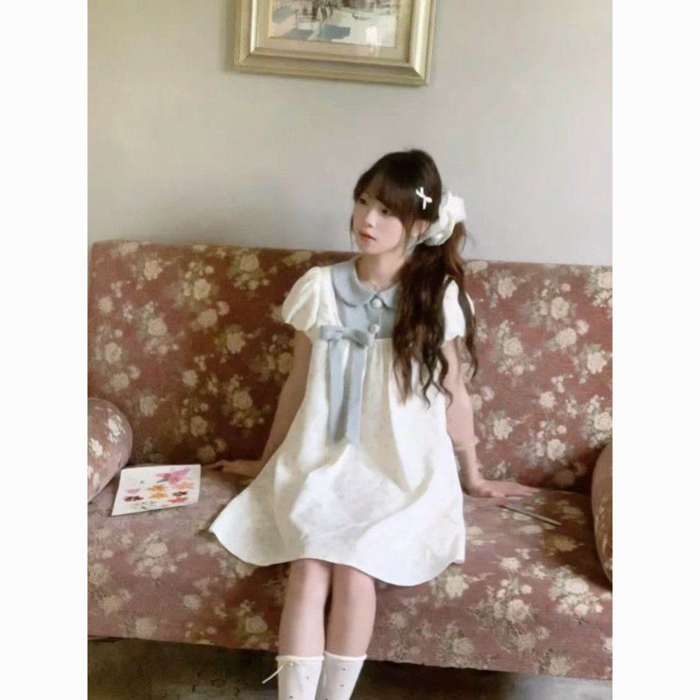 夏季新款韩系甜美温柔少女奶油感蝴蝶结拼接设计娃娃领碎花连衣裙