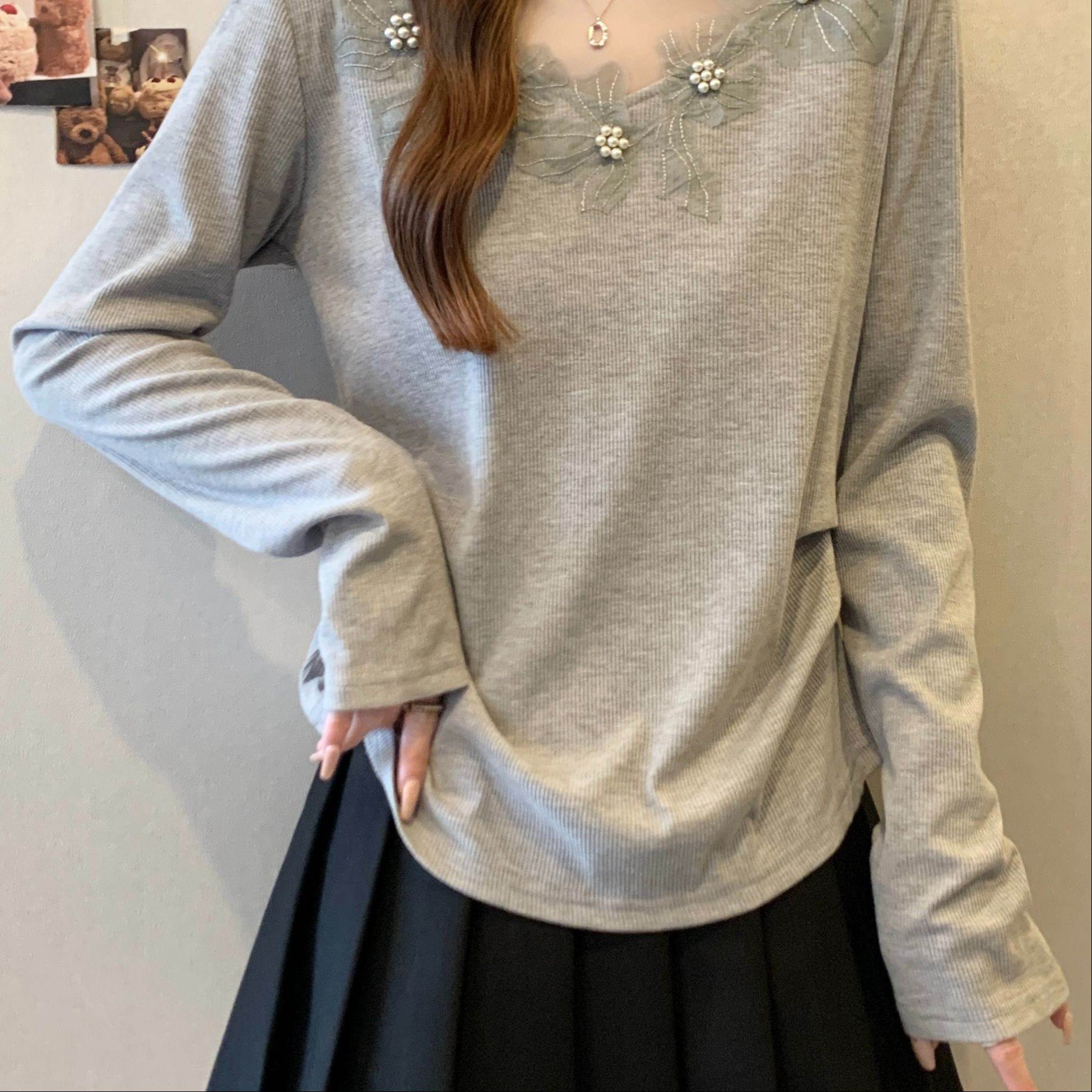 网纱拼接长袖T恤女装新款早秋大码胖MM高级漂亮灰色打底上衣