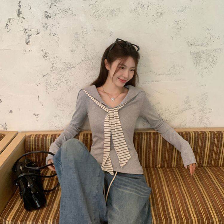 棉V领时尚百搭遮肉打底衫女海军领拼接显瘦修身学院风上衣女