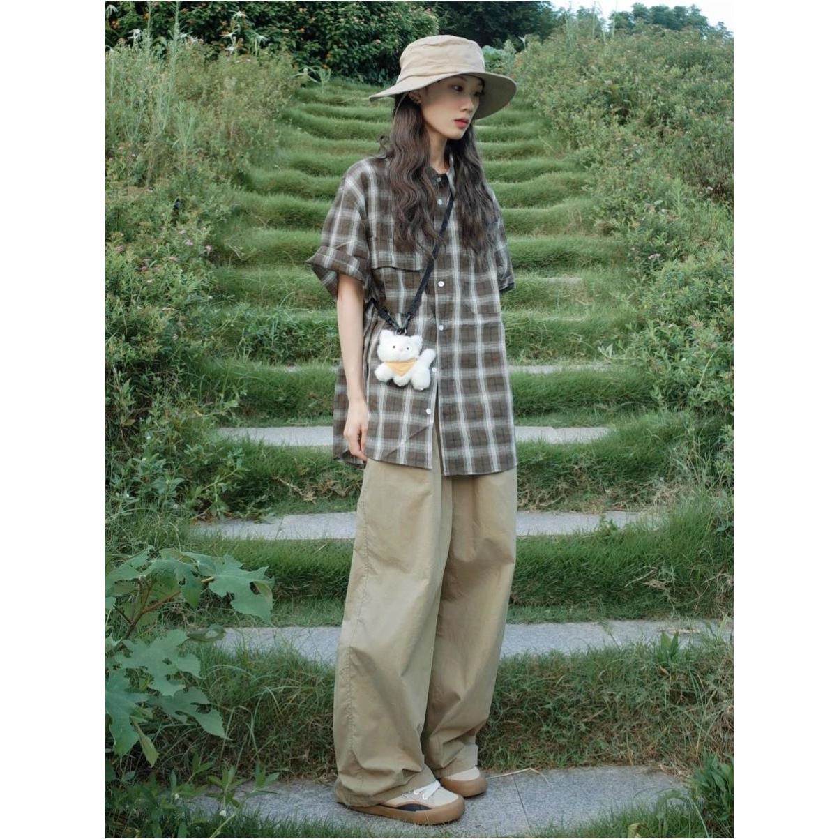日系复古休闲运动服套装女夏季宽松慵懒格子衬衫短袖阔腿裤两件套