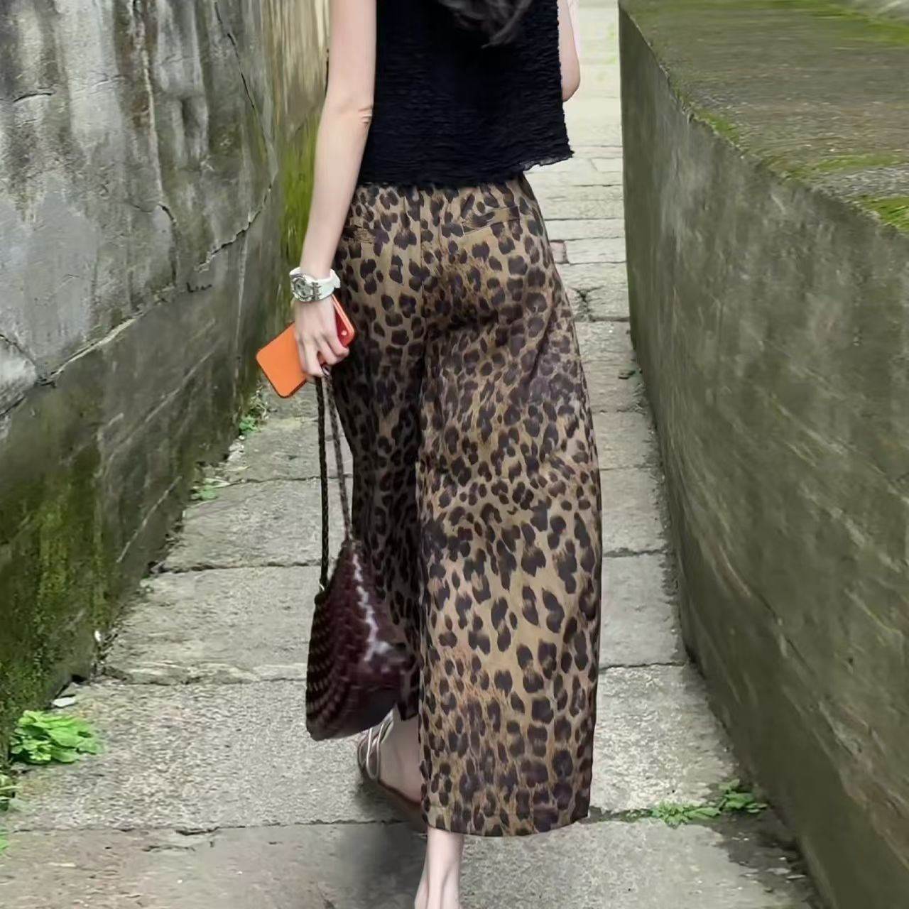 天丝亚豹纹麻裤子超火巨好看高腰八分裤时尚显瘦遮肉时尚天丝裤女