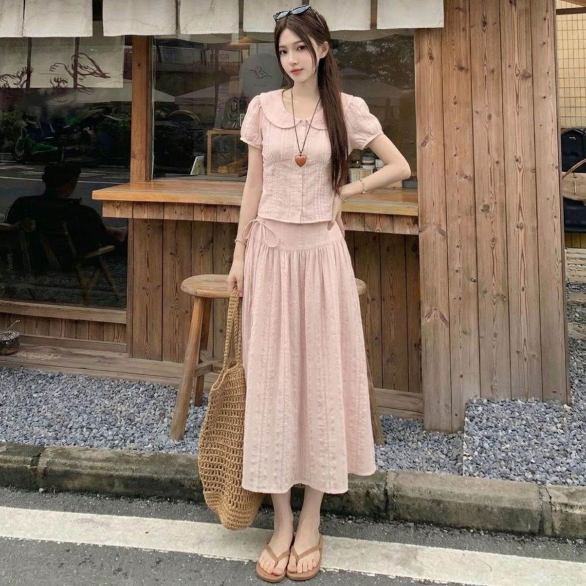 温柔甜美风娃娃领短袖衬衫夏季新款百搭高腰半身裙两件套装