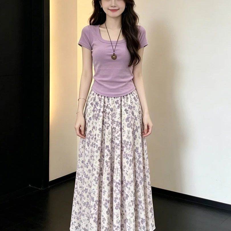 碎花半身裙长裙初夏独特漂亮穿搭套装韩系气质一整套ootd两件套裙