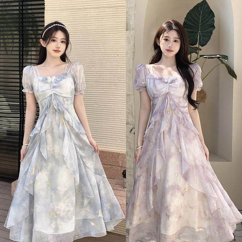 法式甜美短袖连衣裙女夏季荷叶边吊带裙法式遮肚显瘦裙子
