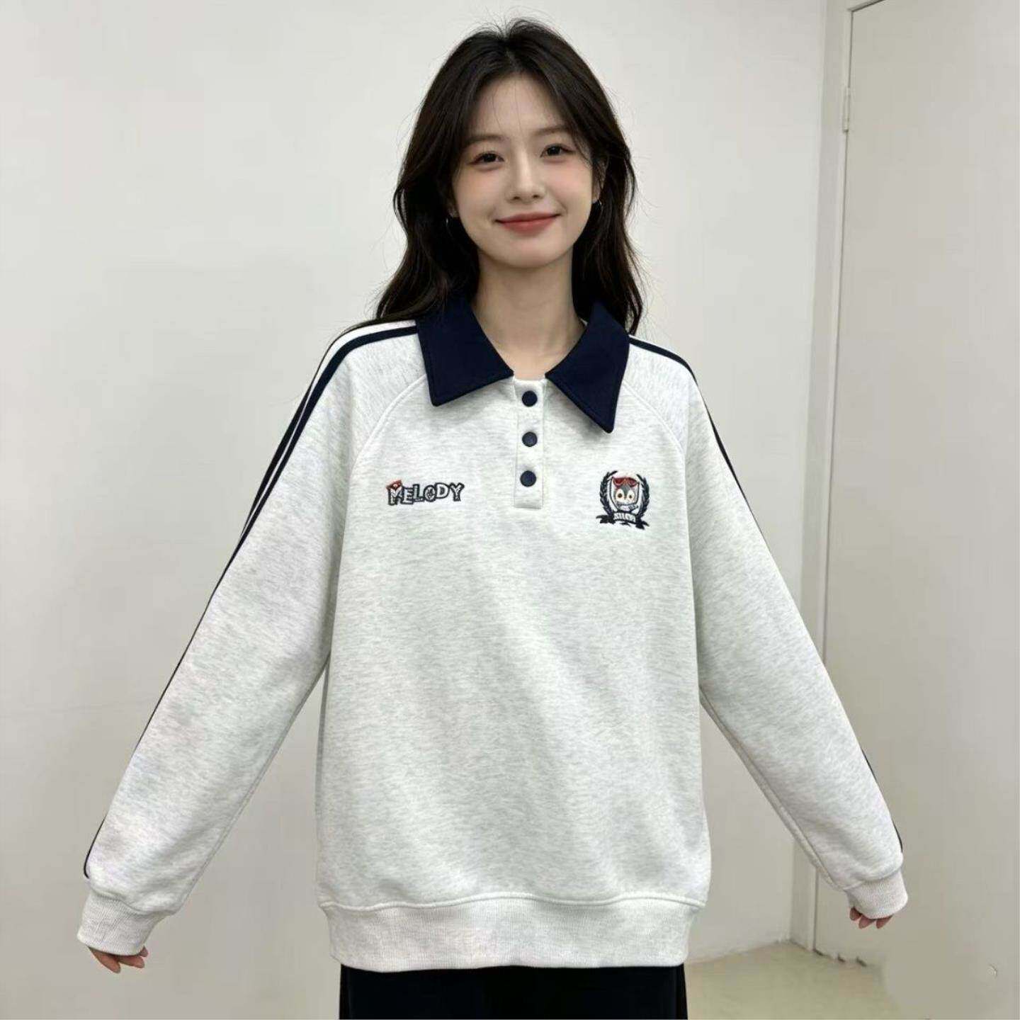 休闲加绒卫衣女2026新款秋冬polo领外套无帽长袖上衣