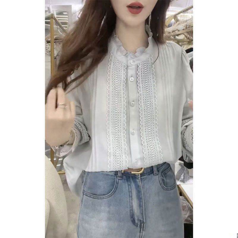 韩系chic甜美减龄木耳边拼接立领长袖衬衫女早春小众褶皱超仙上衣