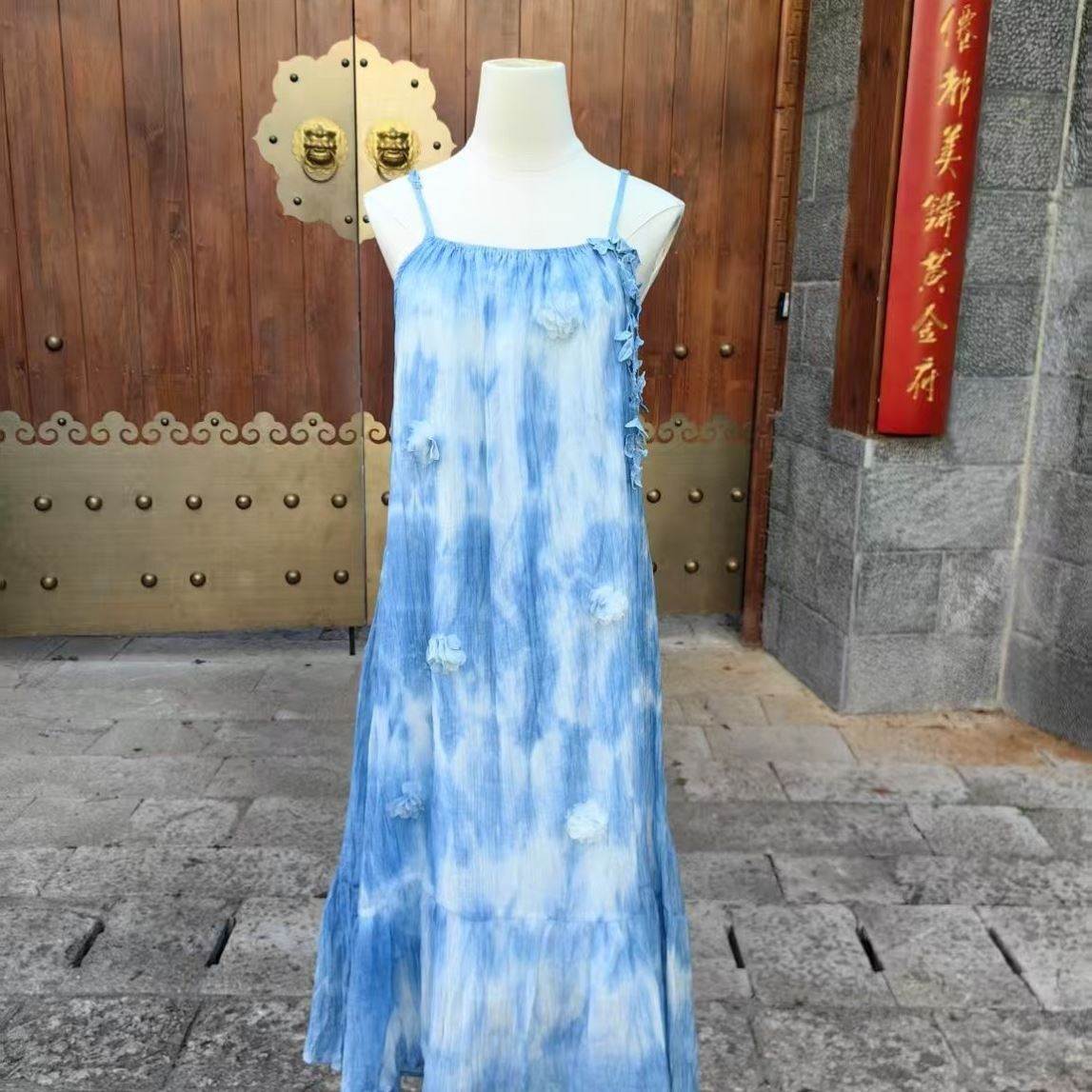 扎染夏季大理法式吊带文艺连衣裙初恋手工吊带裙蓝染长裙女装度假