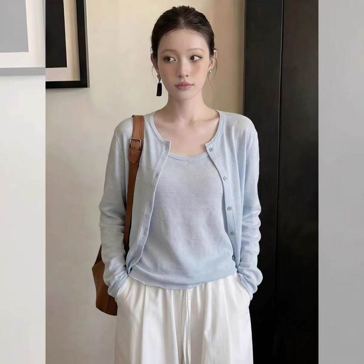 早秋穿搭长袖防晒针织开衫女初秋2026独特漂亮吊带外搭两件套上衣