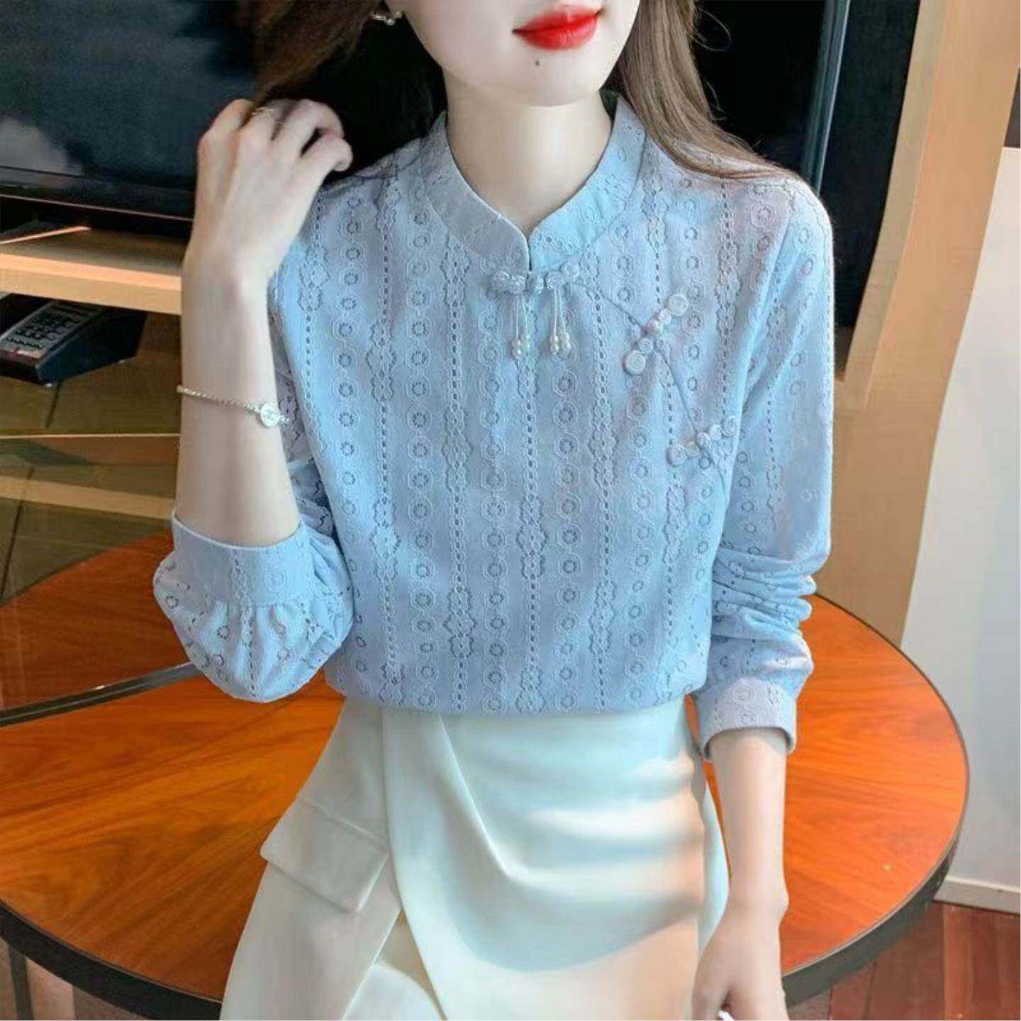 蕾丝打底衫女春夏装加绒2026新款立领盘扣洋气时尚小衫长袖上衣