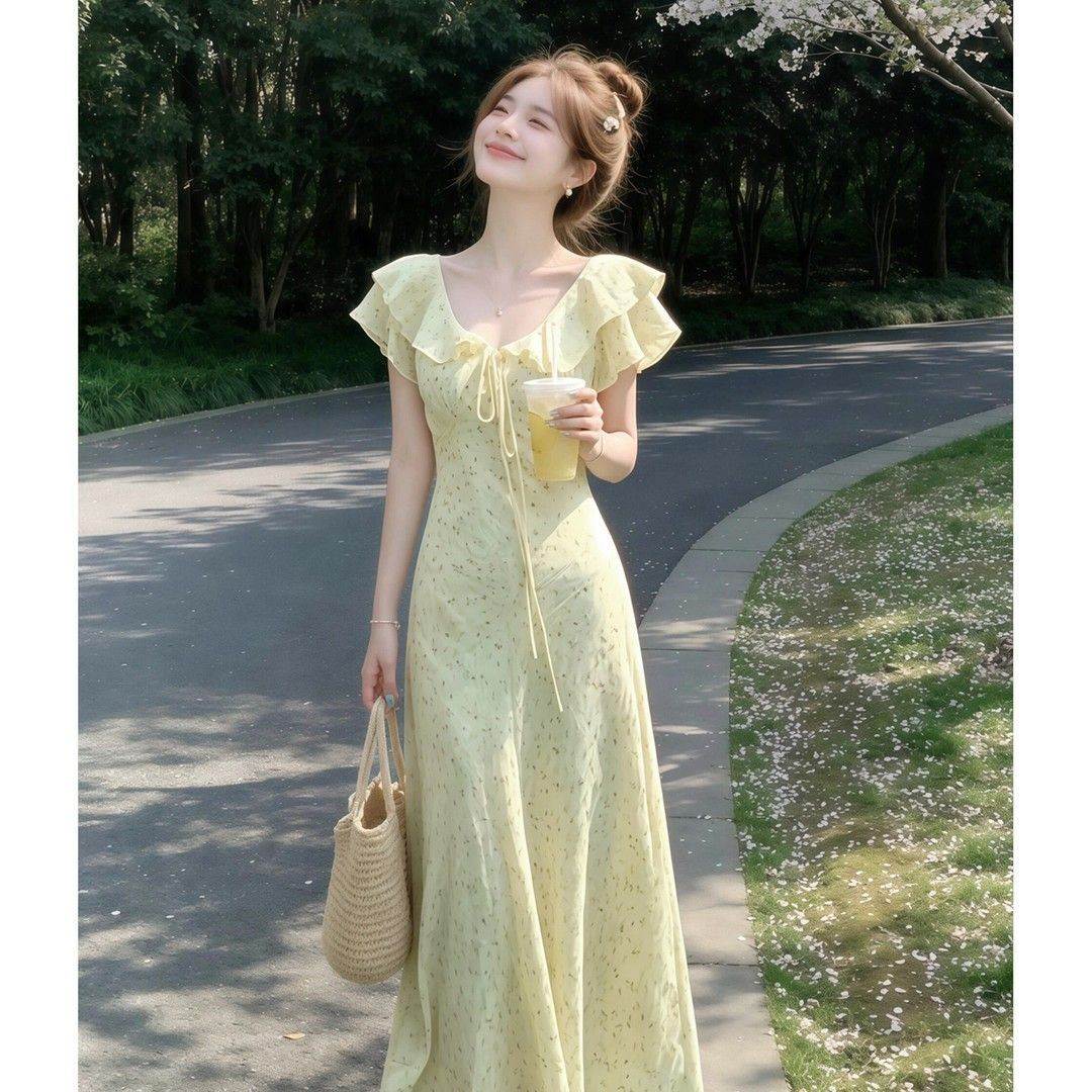 韩系甜美长款高级收腰女款碎花连衣裙子夏季显瘦气质长裙2026新款