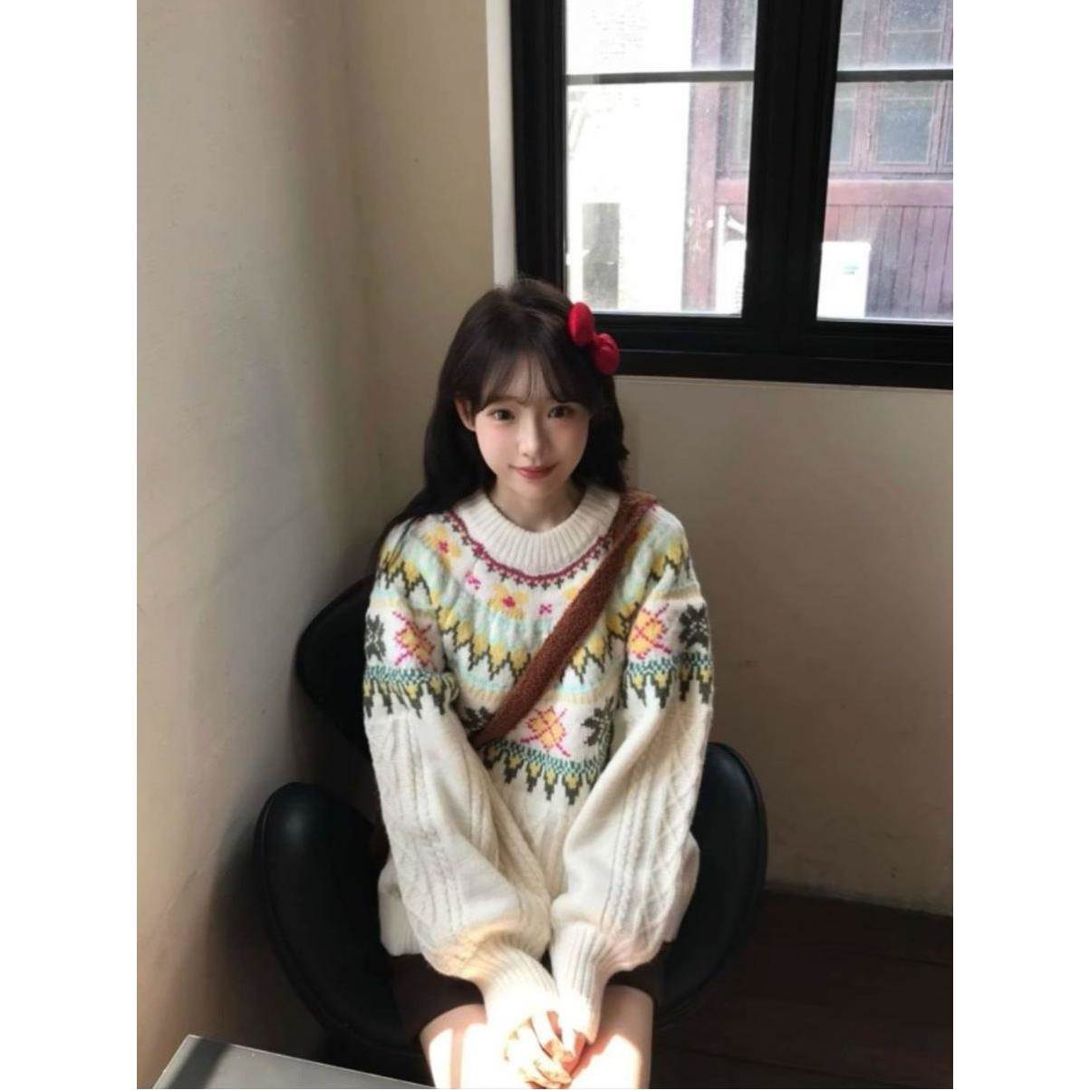 费尔岛设计感毛衣女秋冬新款慵懒风高级感灯笼袖宽松森系针织衫女