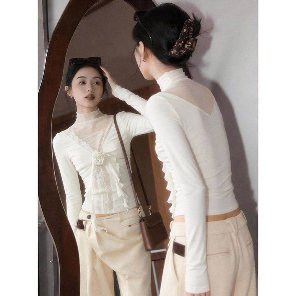 春季甜辣妹网纱拼接立体花朵半高领打底衫女内搭修身短款t恤上衣
