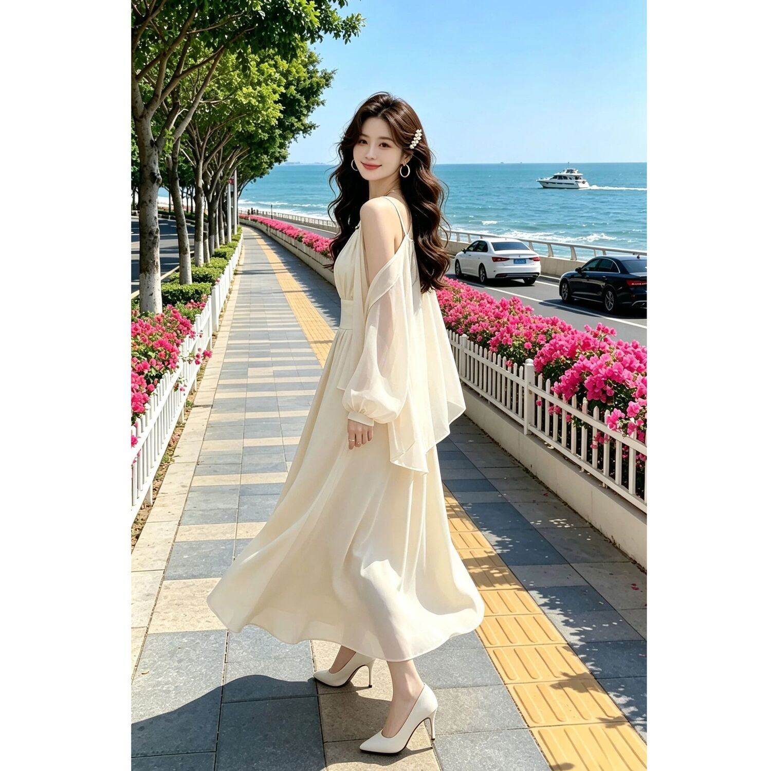 法式吊带连衣裙女夏两件套雪纺开衫收腰A字仙女裙海边度假风