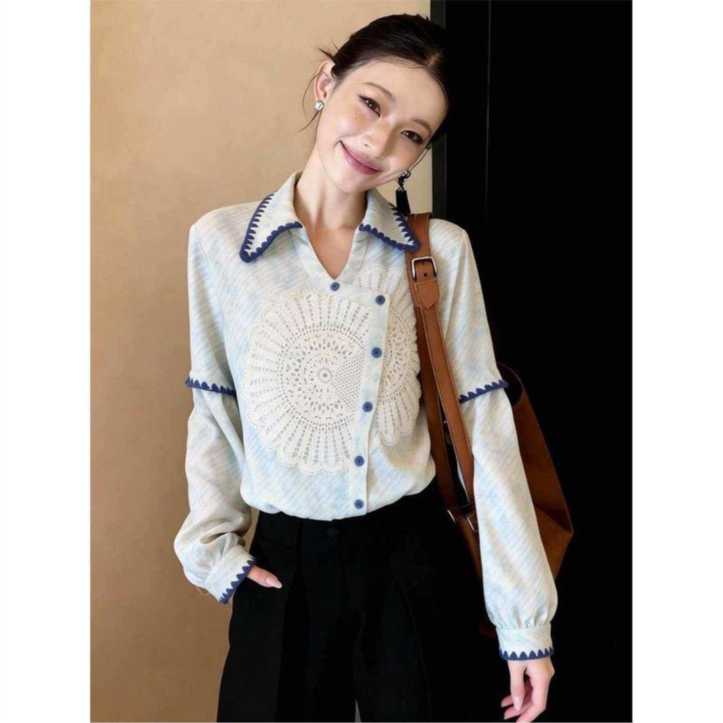 温柔风设计感撞色衬衫女晚宴场合女装拍照衣服今年流行的上衣