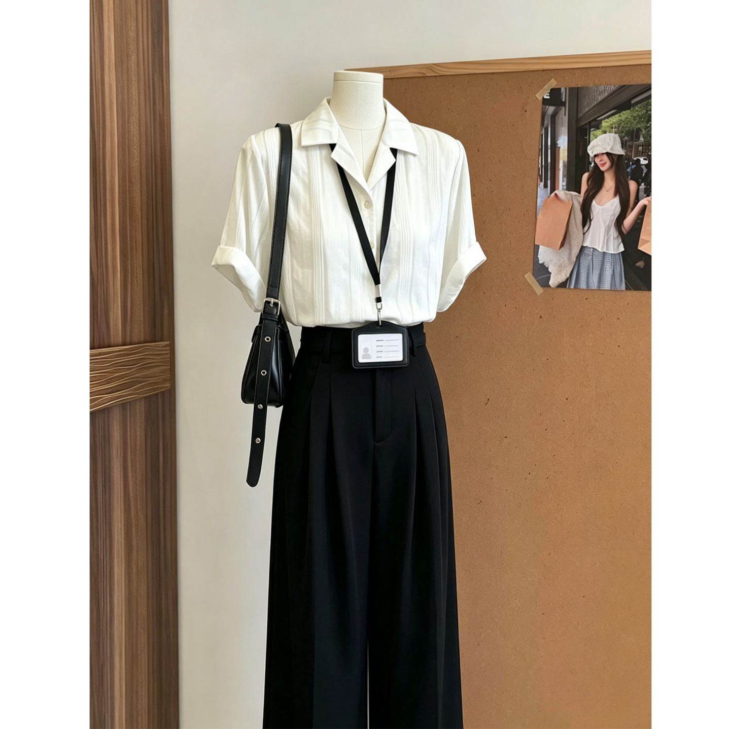 白色短袖条纹衬衫女夏季2026新款大学生职业正装穿搭面试套装裤子