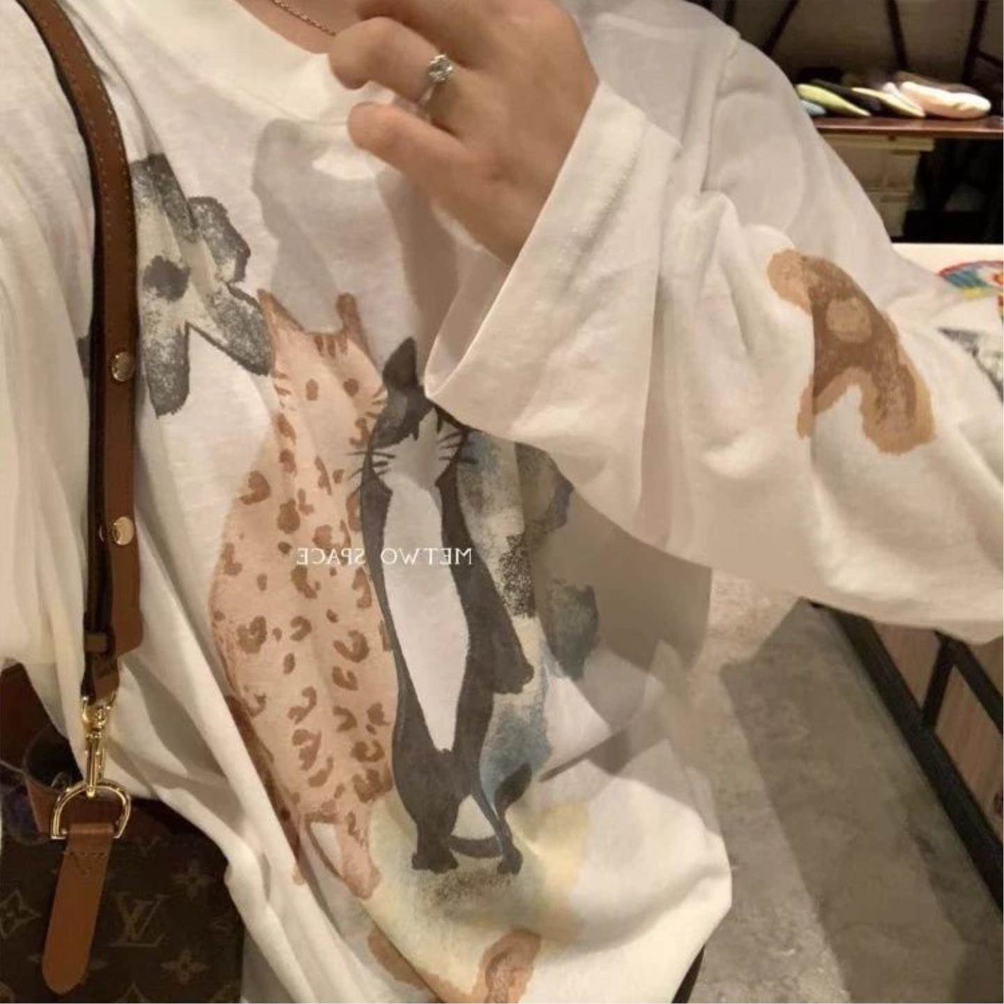 莱赛尔防晒薄款罩衫慵懒风夏天猫咪印花宽松遮肉休闲长袖上衣t恤