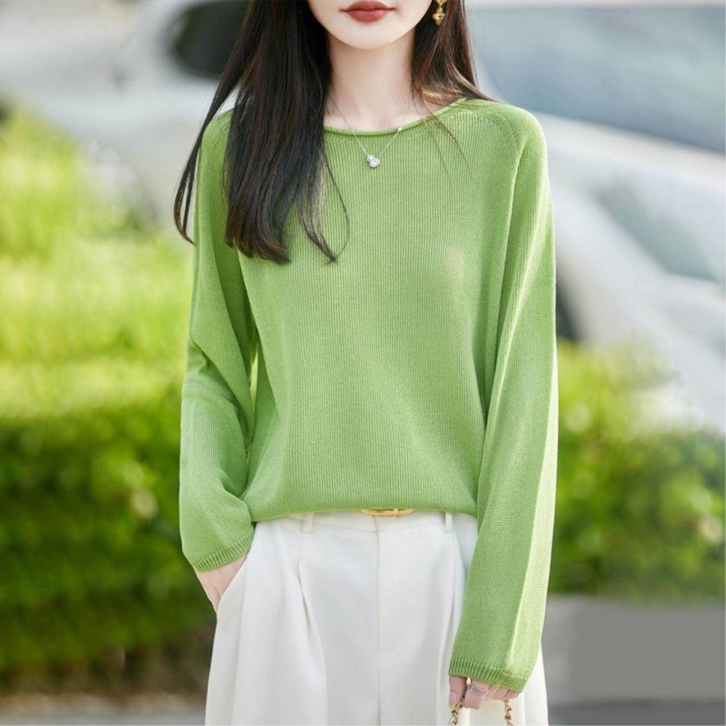 珍珠麻长袖女针织衫圆领春夏秋上衣纯色薄款高档洋气
