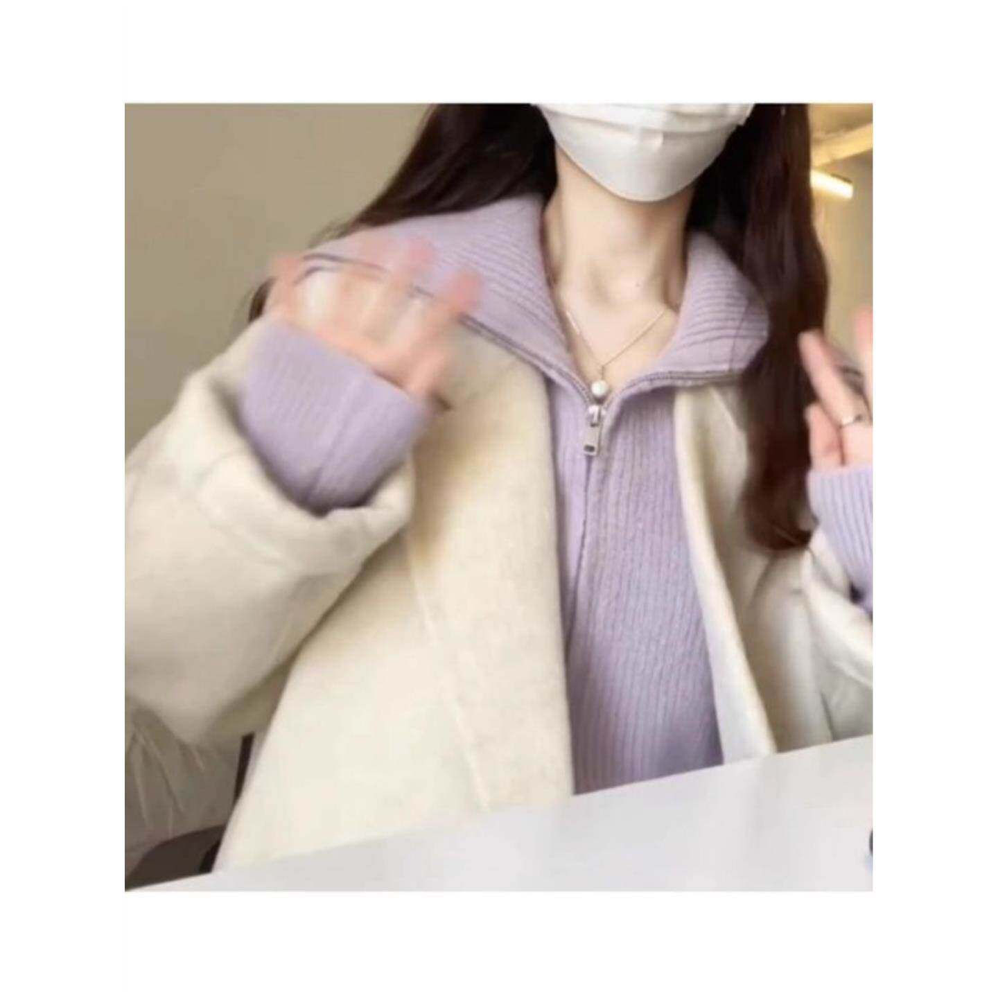 ZH慵懒风坑条双拉链长袖针织开衫女秋软糯宽松毛衣打底衫上衣