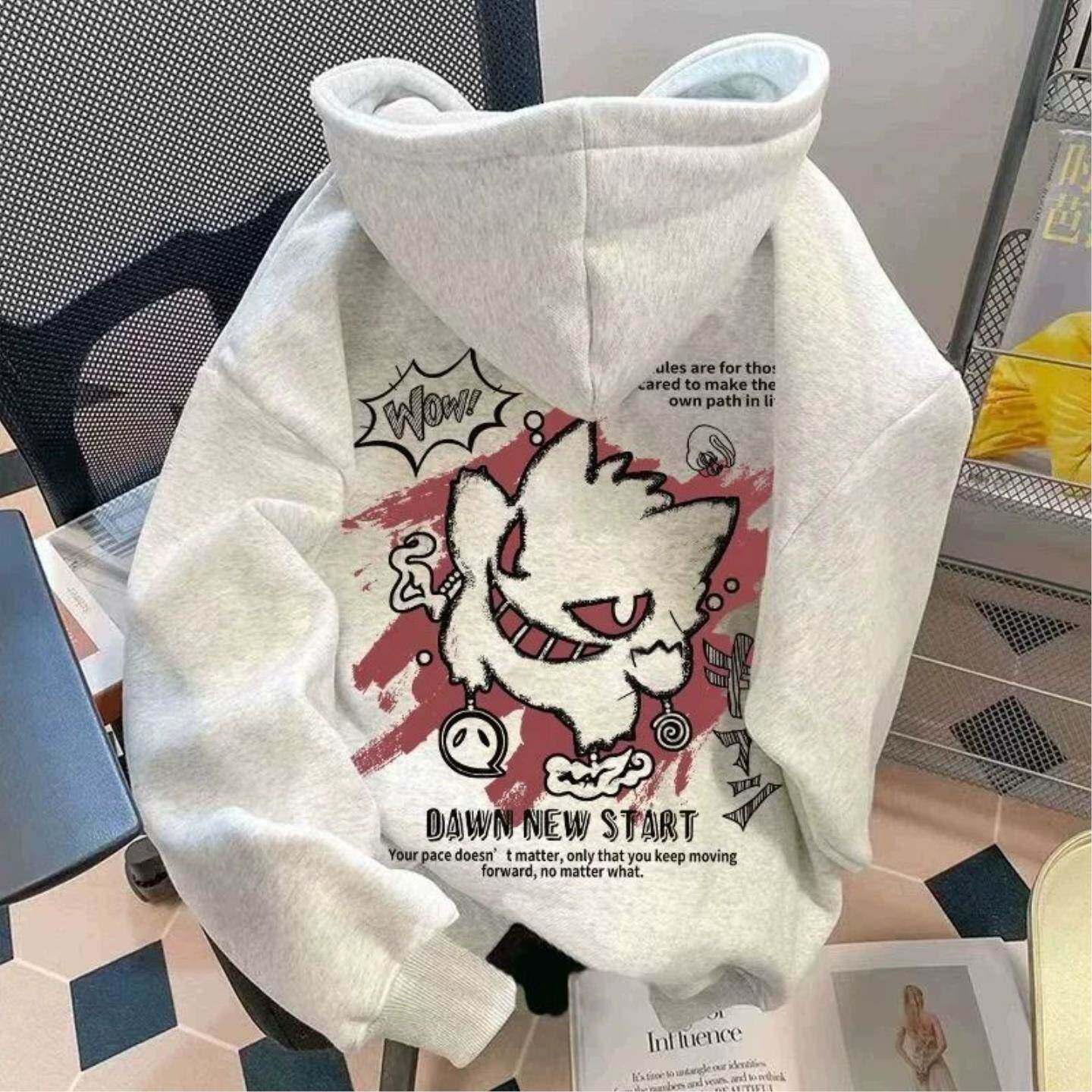 恶魔耿鬼印花连帽卫衣男女国潮街头宽松外套