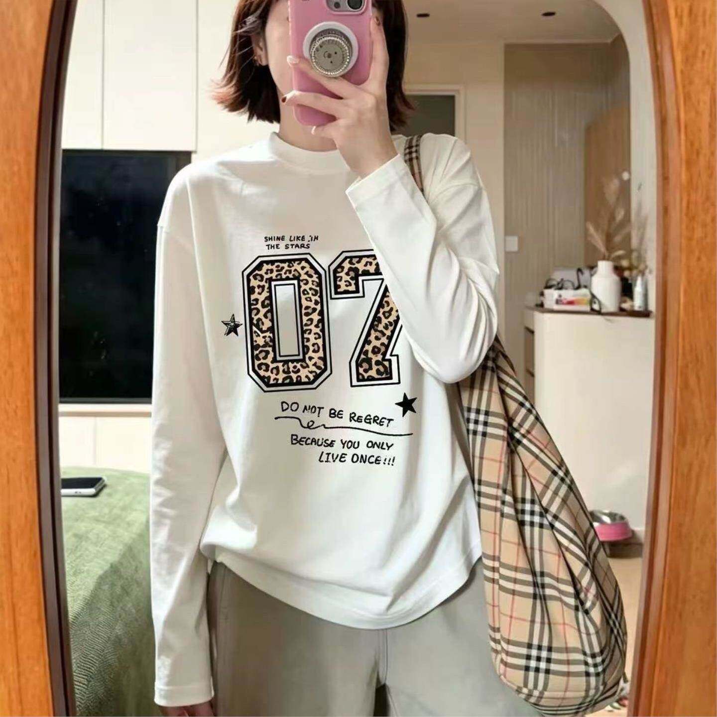 美式秋冬新款白色长袖豹纹数字印花T恤女宽松减龄设计感上衣