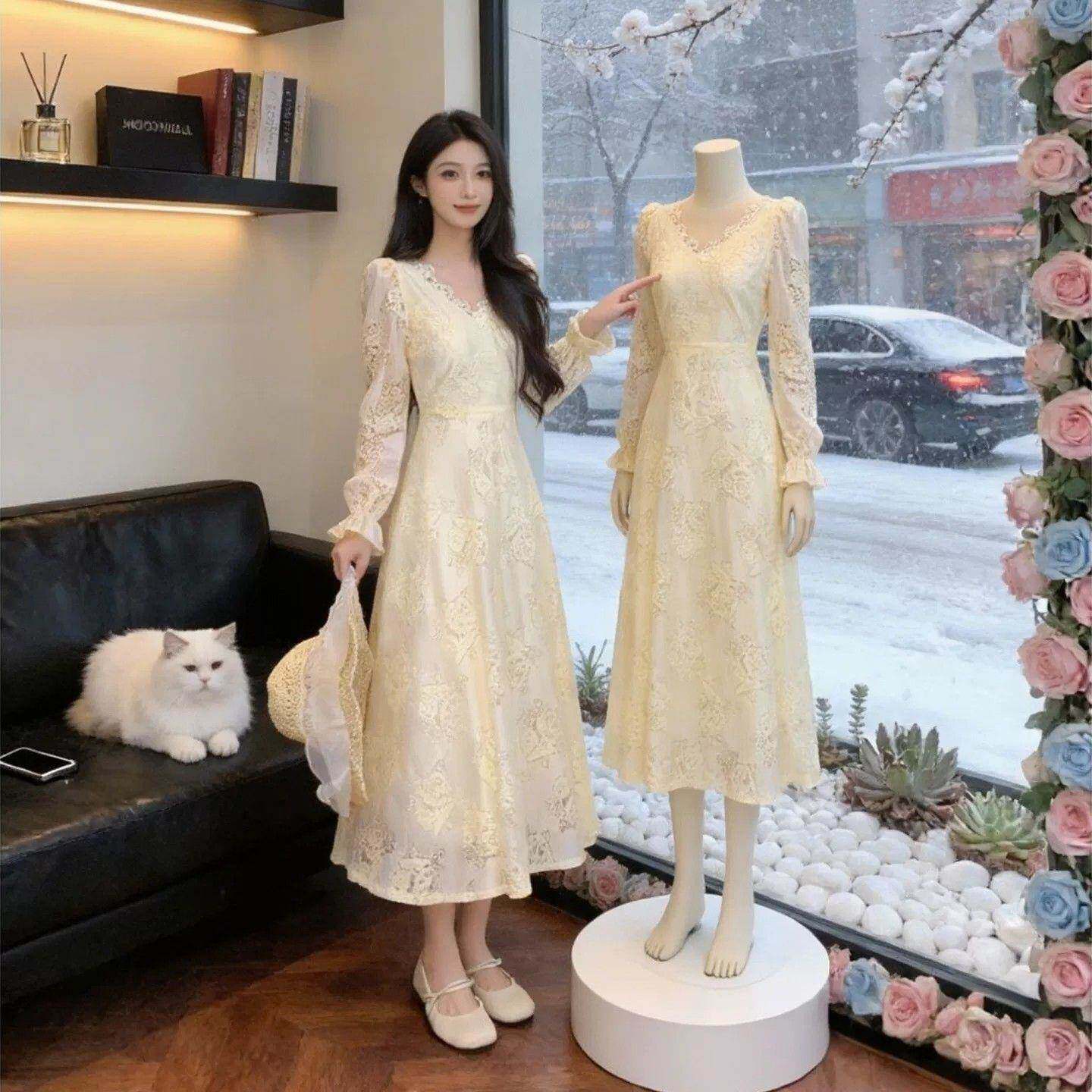 法式温柔风长袖连衣裙女2026春秋大码胖mm气质收腰显瘦超仙长裙子