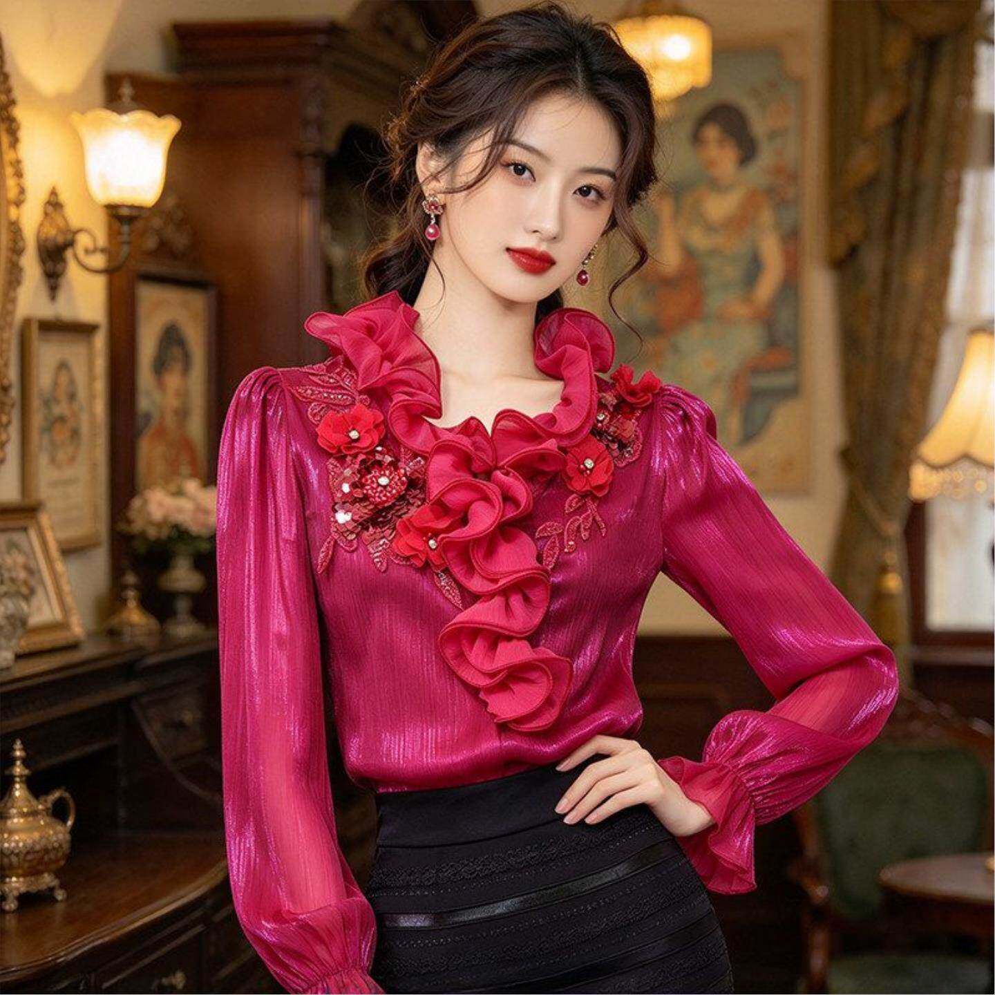 玫红色荷叶边雪纺衫女2026春季长袖刺绣花朵设计感气质上衣