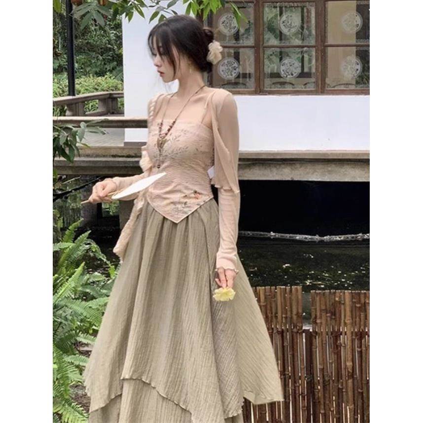 新中式国风禅意吊带开衫夏季韩剧女主穿搭气质女神范三件套装裙子