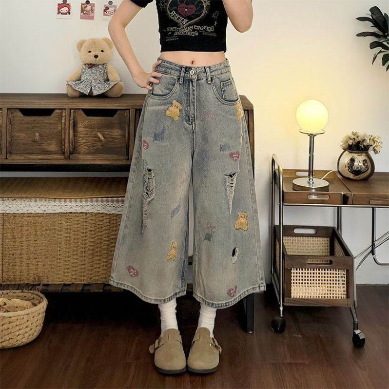 胖MM美式复古做旧破洞阔腿牛仔七分裤女夏季大码显瘦宽松小个子
