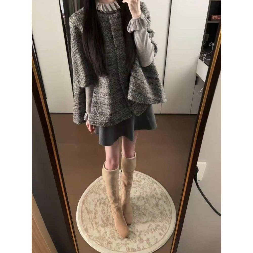 春季新款韩系甜美温柔气质设计感香风斗篷上衣搭配高腰短裙三件套