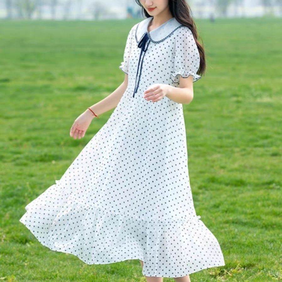 连衣裙甜美温柔碎花中长裙夏新款娃娃领气质雪纺