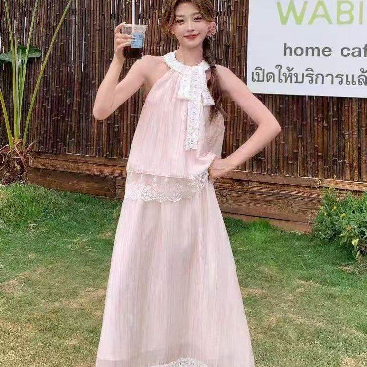 甜美夏季无袖裙女蕾丝拼接上衣半身裙套装新款两件套温柔风