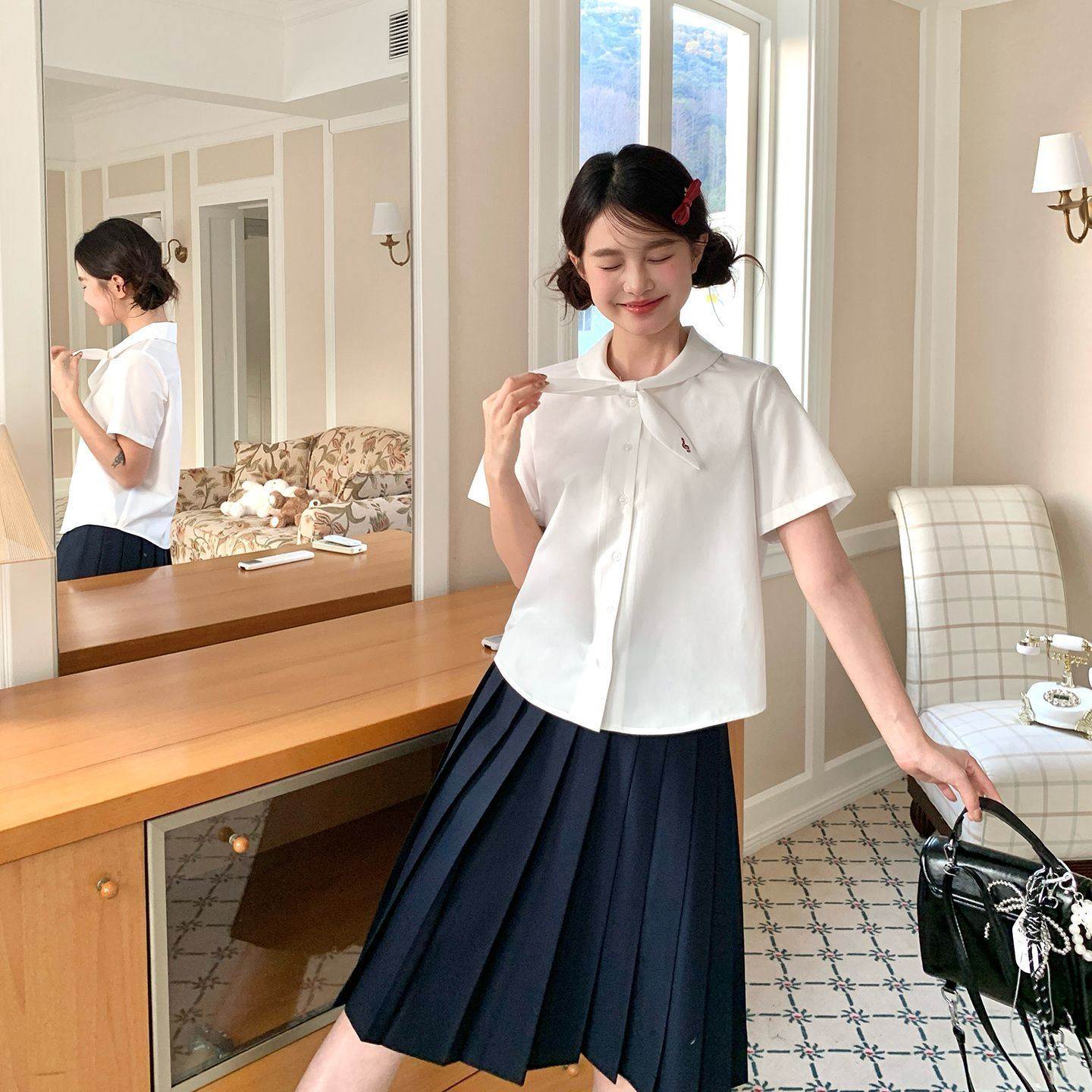 制服夏季可爱蝴蝶结领短袖衬衫白色女小个子气质上衣