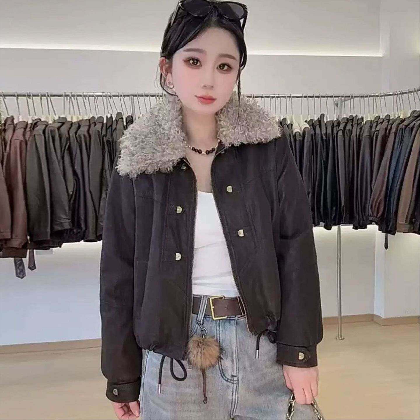 洋气毛绒领短外套女2026春季新款保暖小个子宽松夹克上衣