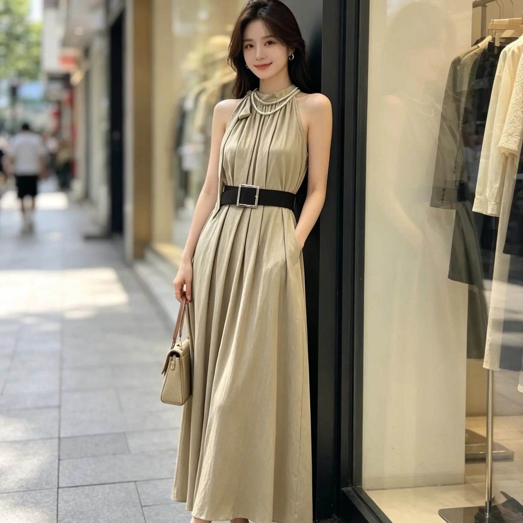 连衣裙法式赫本风挂脖露肩收腰显瘦气质连衣裙女夏季26新款