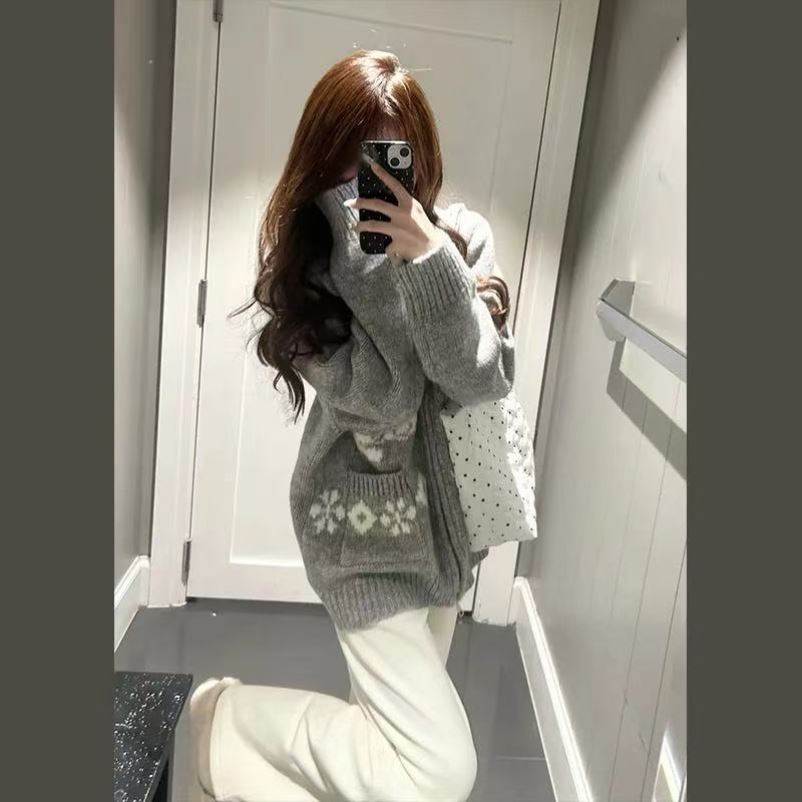 2026提花翻领毛衣女款新款秋季宽松慵懒高级感tb拉链毛线针织开衫