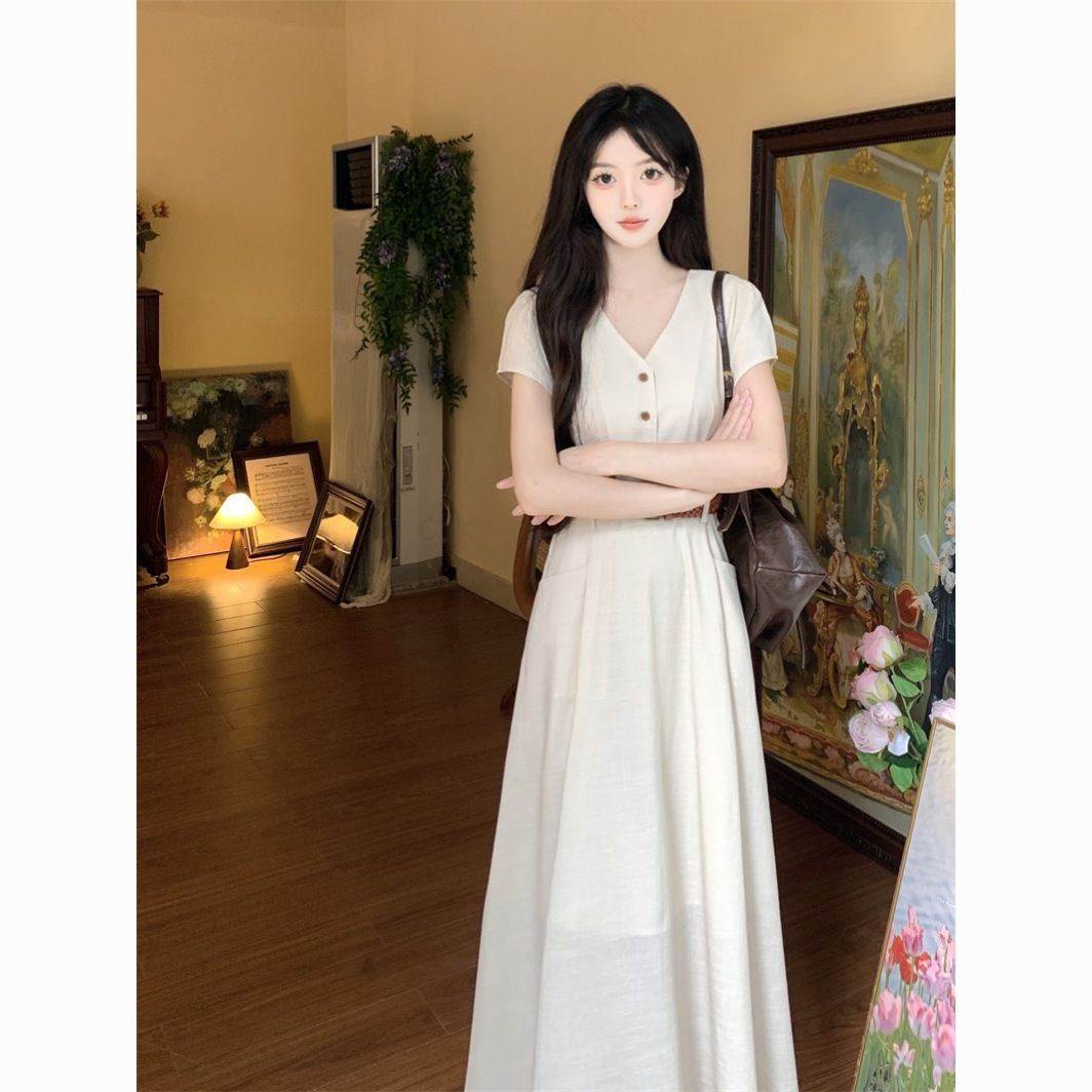 高级甜美棉麻长款连衣裙新款夏季收腰显瘦气质长裙清新爆 小个子