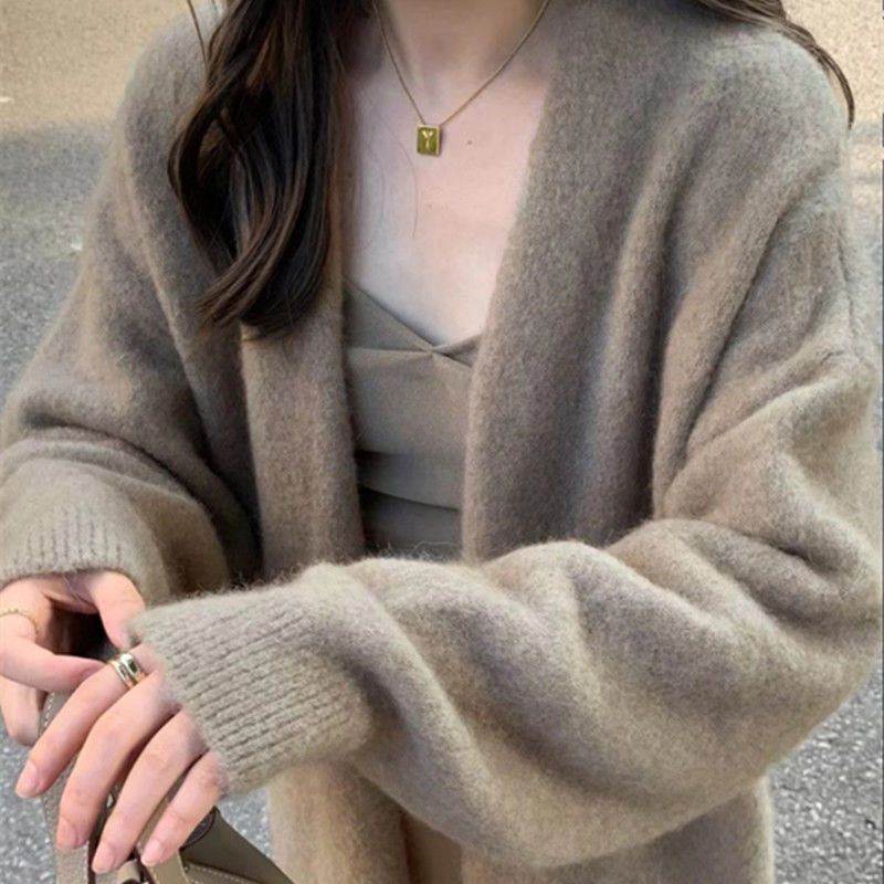 秋季慵懒风过膝中长款针织开衫女宽松甜美软糯温柔纯色毛衣外套