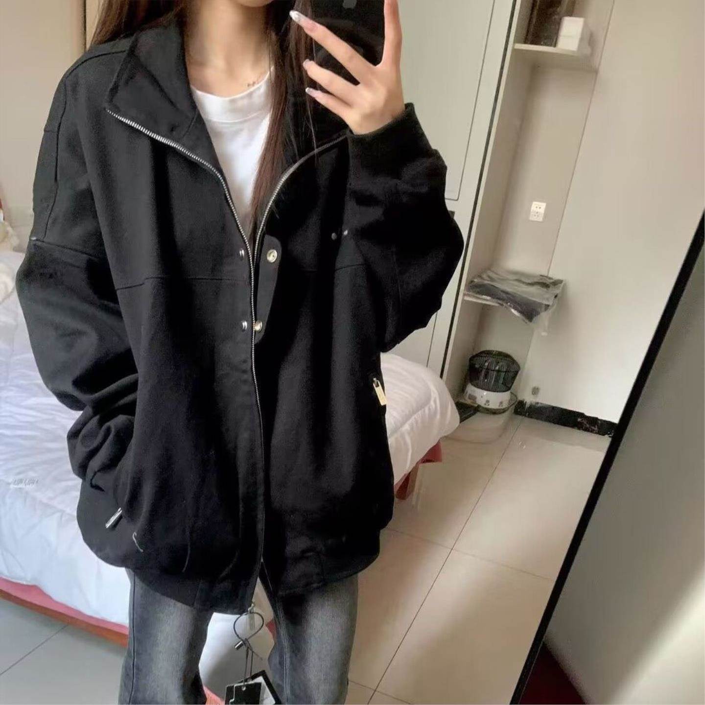 美式复古飞行员夹克女黑色2026春秋宽松立领百搭工装黑色短外套女