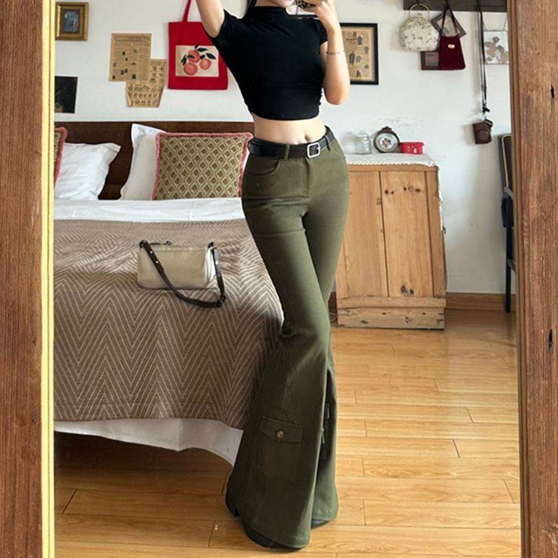 美式绿色微喇裤女高腰辣妹个性修身显瘦显腿长小众休闲拖地长裤子