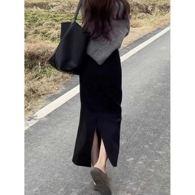 爆款黑色西装半身裙女春秋新款高腰洋气a字直筒开叉包臀长款裙子