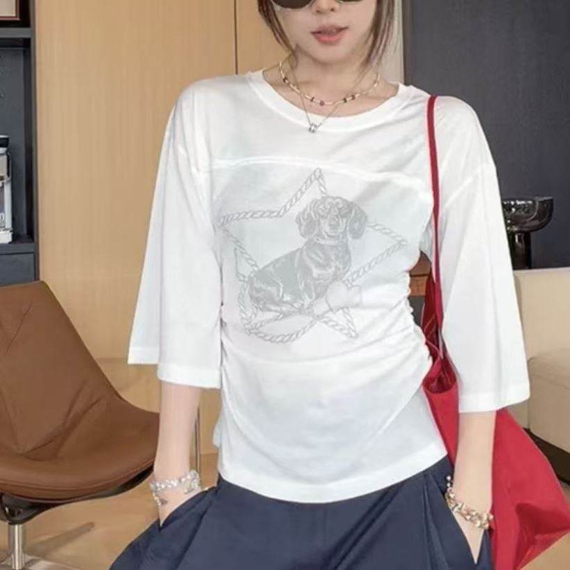 酷感甜美喇叭袖小狗印花清爽舒适七分袖T恤上衣