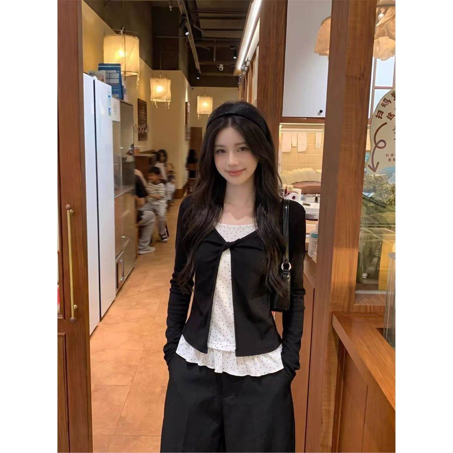 扭结假两件长袖T恤女浅灰色上衣爆款多巴胺秋季漂亮波点花边小众