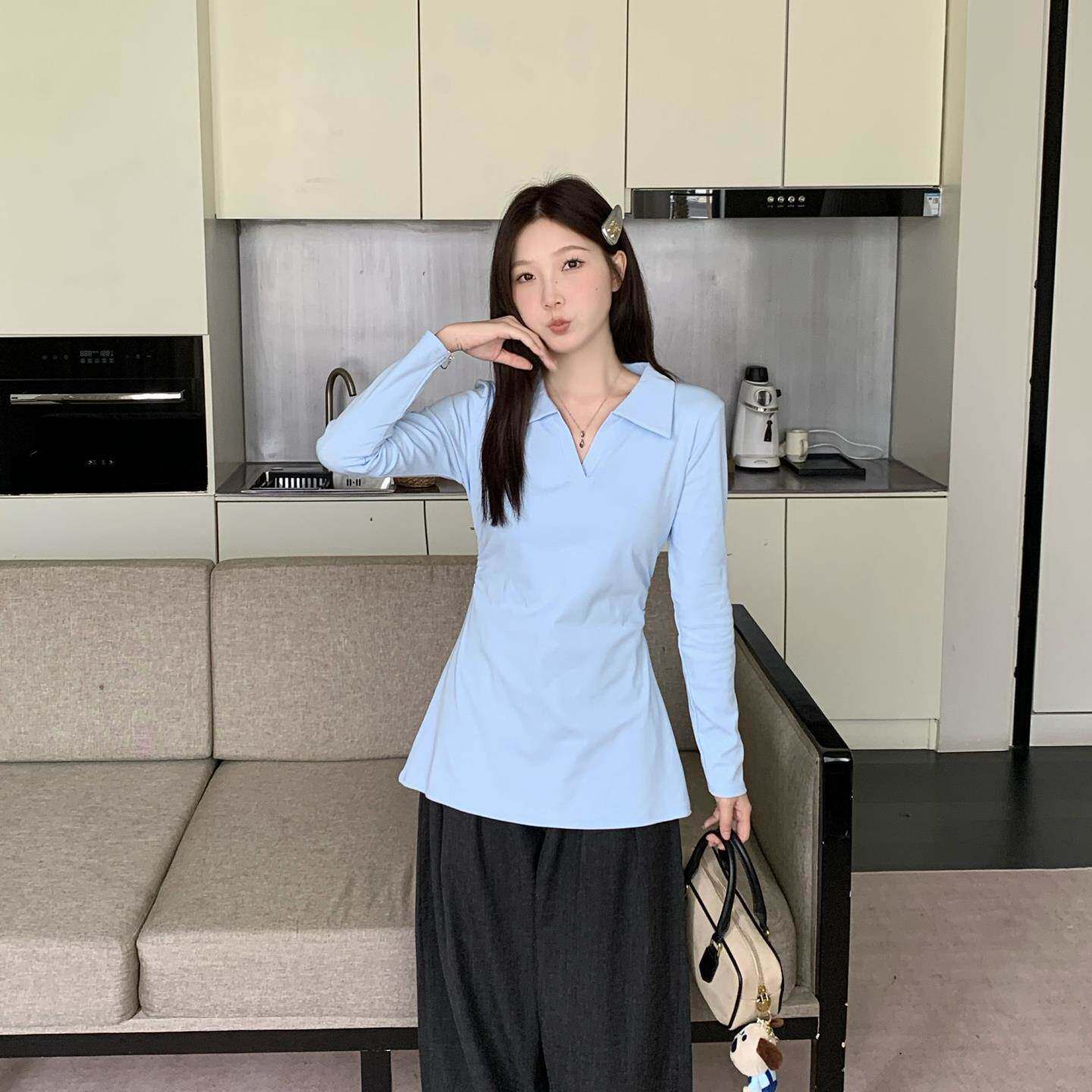 大码正肩POLO领中长款褶皱收腰秋季新款显瘦遮肚长袖打底衫女