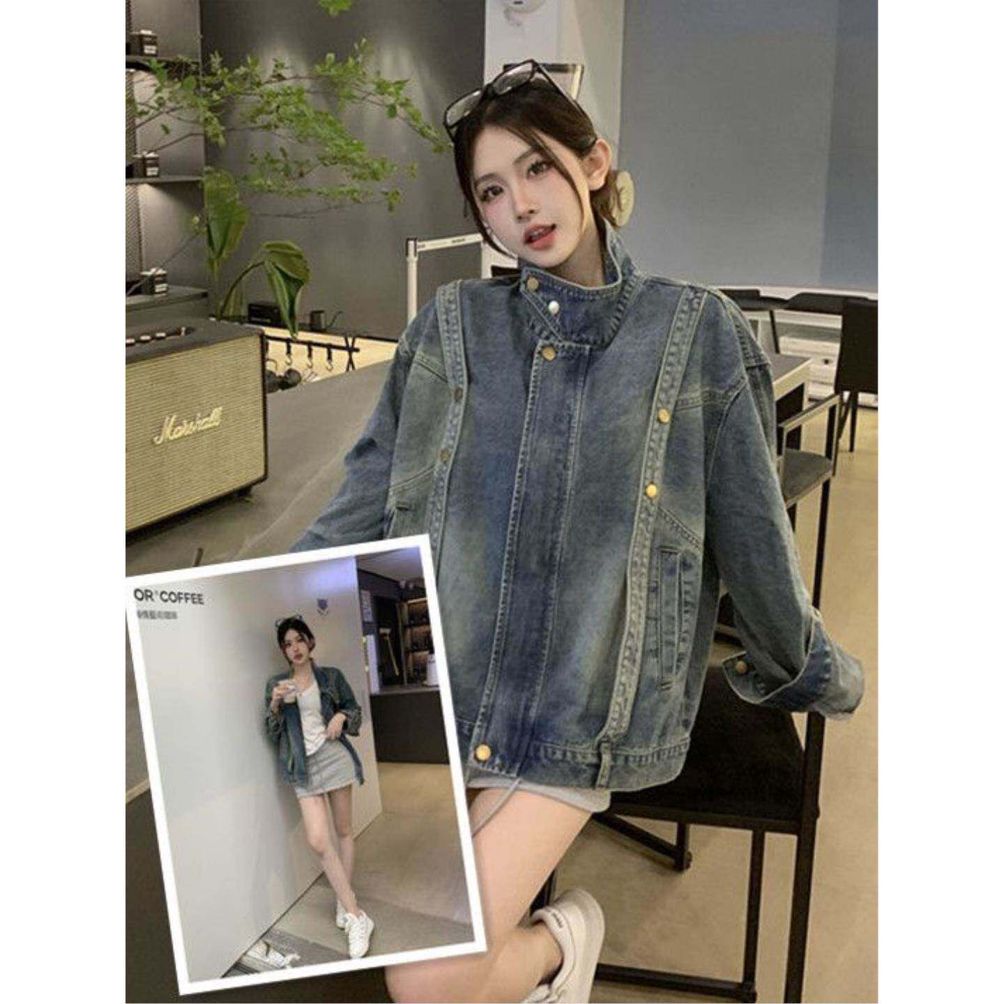 复古美式做旧水洗牛仔外套女春春季韩版新款拉链时尚宽松上衣夹克