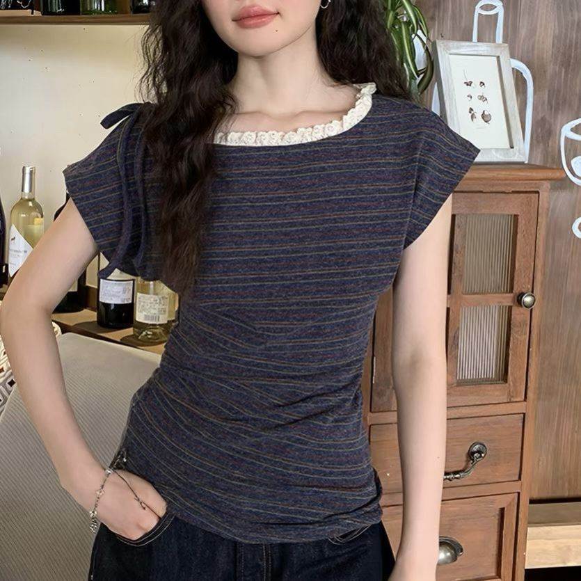 蕾丝花边拼接条纹短袖T恤女夏2026新款韩系设计感小众巨好看上衣