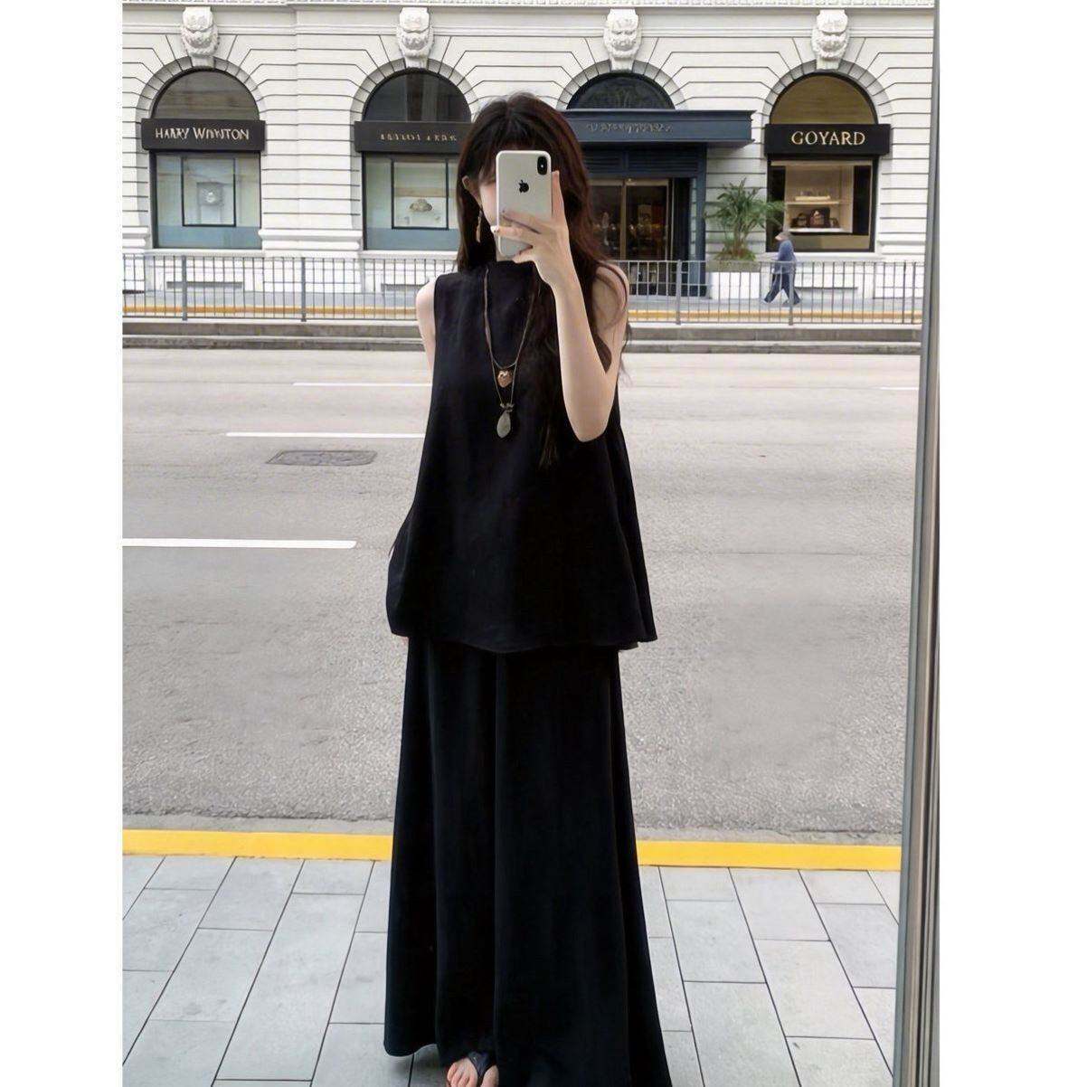 慵懒风无袖上衣配阔腿裤套装女清凉夏装一整套宽松老钱风百搭遮肉
