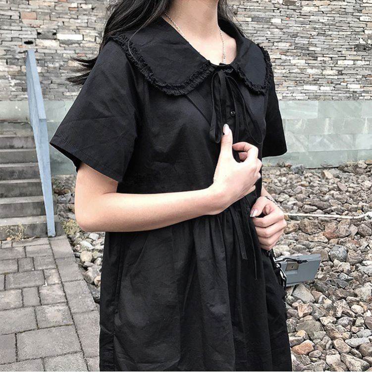 日系小清新娃娃领短袖连衣裙韩版小个子少女学生百搭显瘦黑色裙子