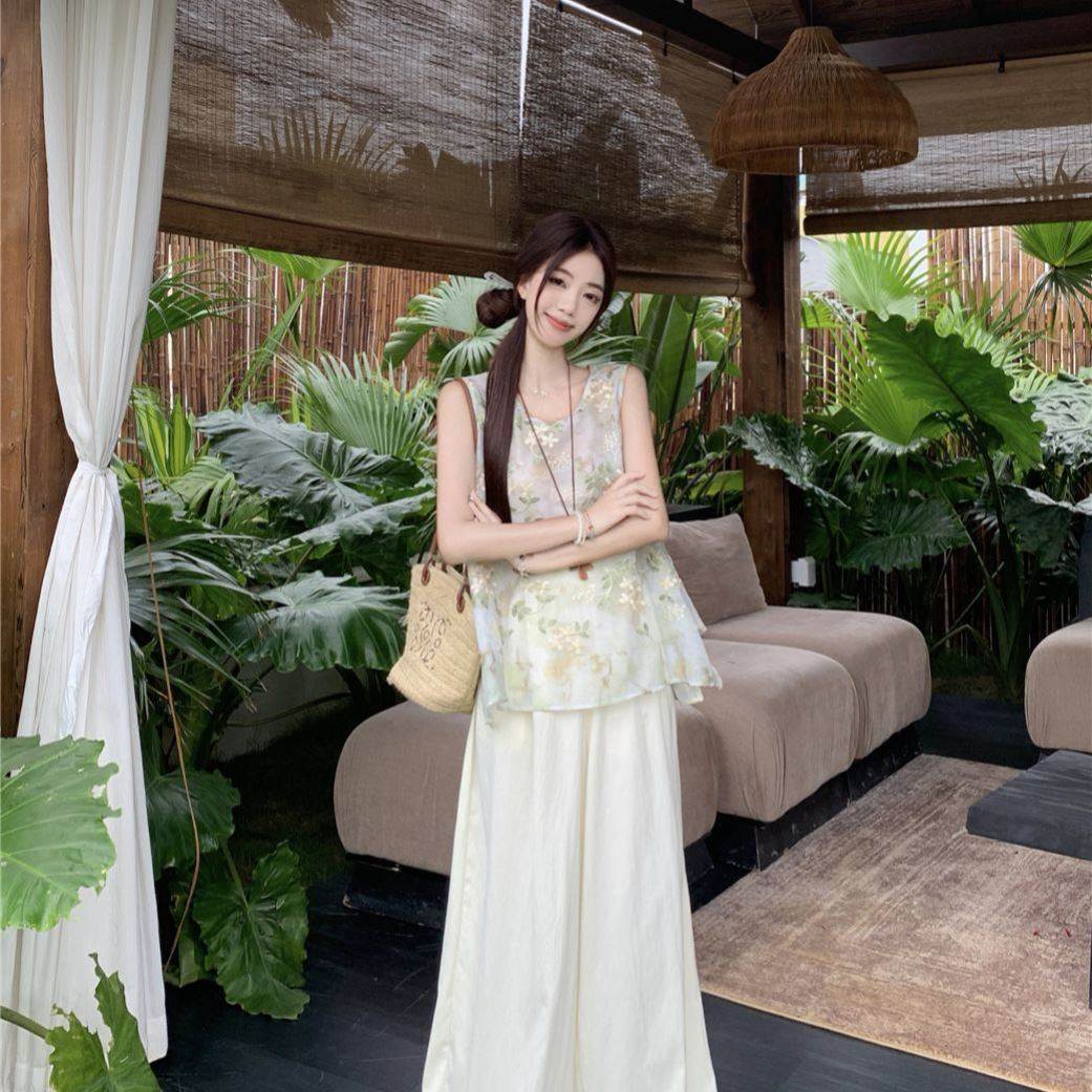 新中式禅意风刺绣碎花背心上衣高腰阔腿休闲裤女2026夏季新款套装