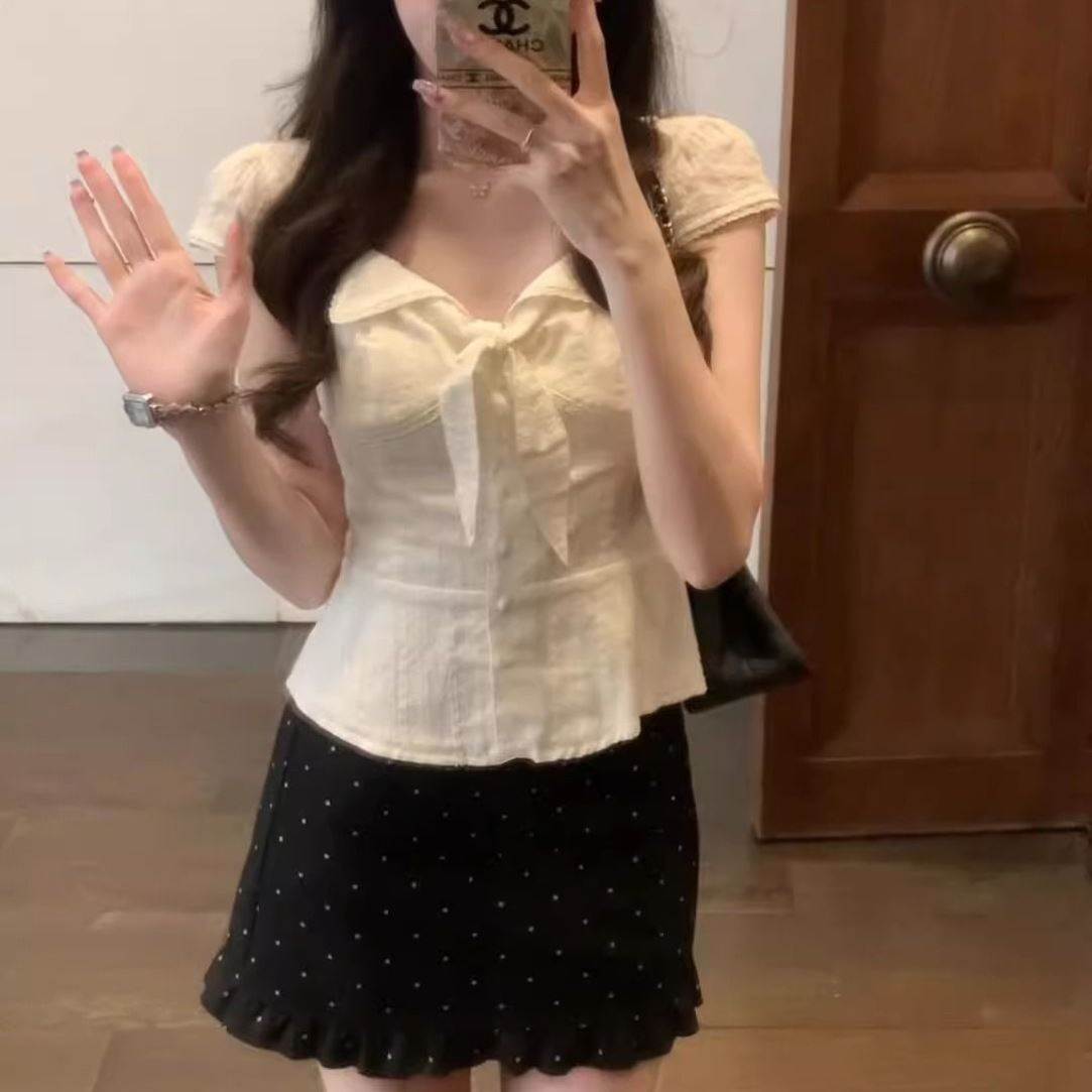 夏季独特绝美漂亮小套装女正肩V领系带短袖衬衫波点半身裙两件套