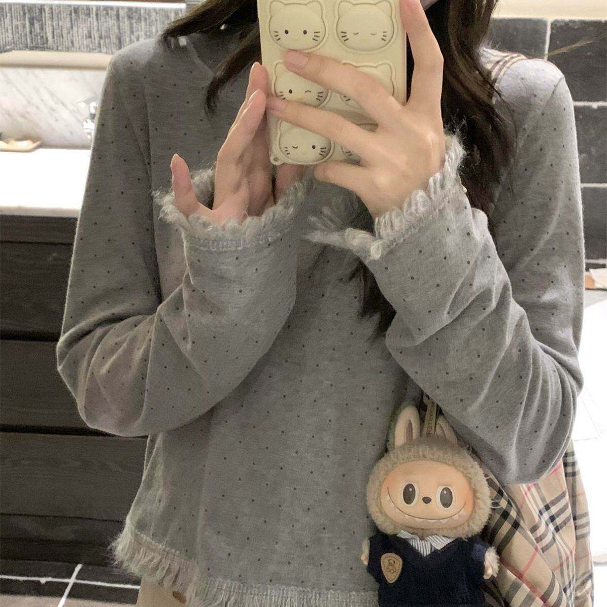 韩系灰色波点流苏边长袖T恤女2026春季新款设计感小众修身上衣潮